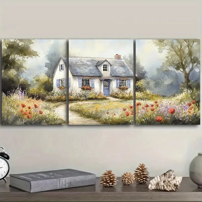 3pcs An Old White Cottage Wall Art Set Canvas Framed 40x60cm - High Quality Print 100% Australian Made Wall Canvas Ready to Hang - Bella Home Decor