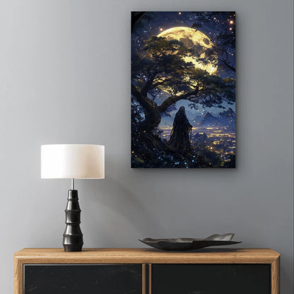 Mystical Wizard Under a Giant Glowing Moon 40x60cm Metal Print Ready to Hang