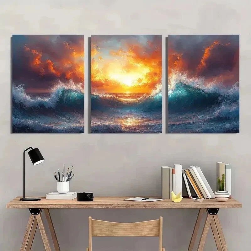 3pcs Depiction Of Ocean Waves luminated By Sun Wall Art Set Canvas Framed 60x90cm - High Quality Print 100% Australian Made Wall Canvas Ready to Hang - Bella Home Decor