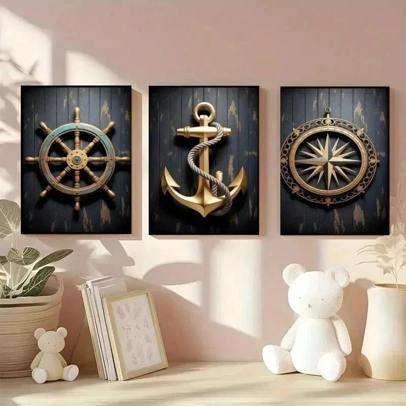 3pcs Ship Wheel, Anchor, Compass Canvas   Wall Art Set Canvas Framed 40x60cm - High Quality Print 100% Australian Made Wall Canvas Ready to Hang