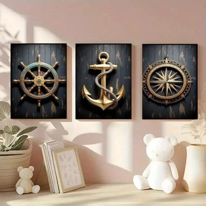 3pcs Ship Wheel, Anchor, Compass Canvas   Wall Art Set Canvas Framed 40x60cm - High Quality Print 100% Australian Made Wall Canvas Ready to Hang