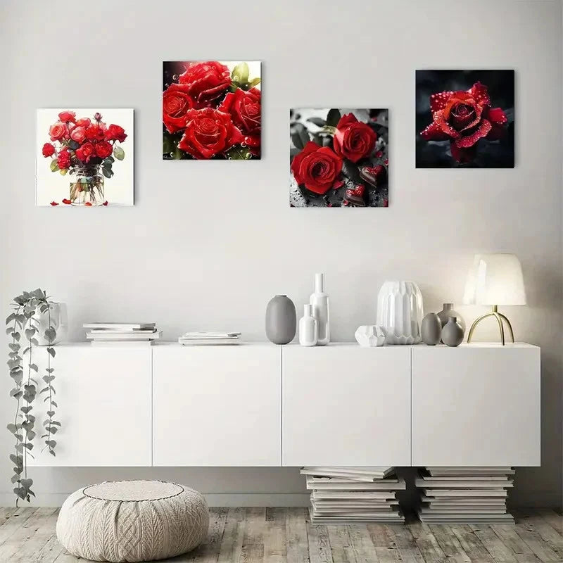 4pcs Black And Red Rose Colorful Floral Wall Art Canvas Framed