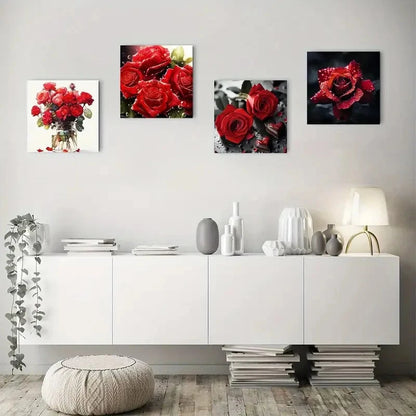 4pcs Black And Red Rose Colorful Floral Wall Art Canvas Framed