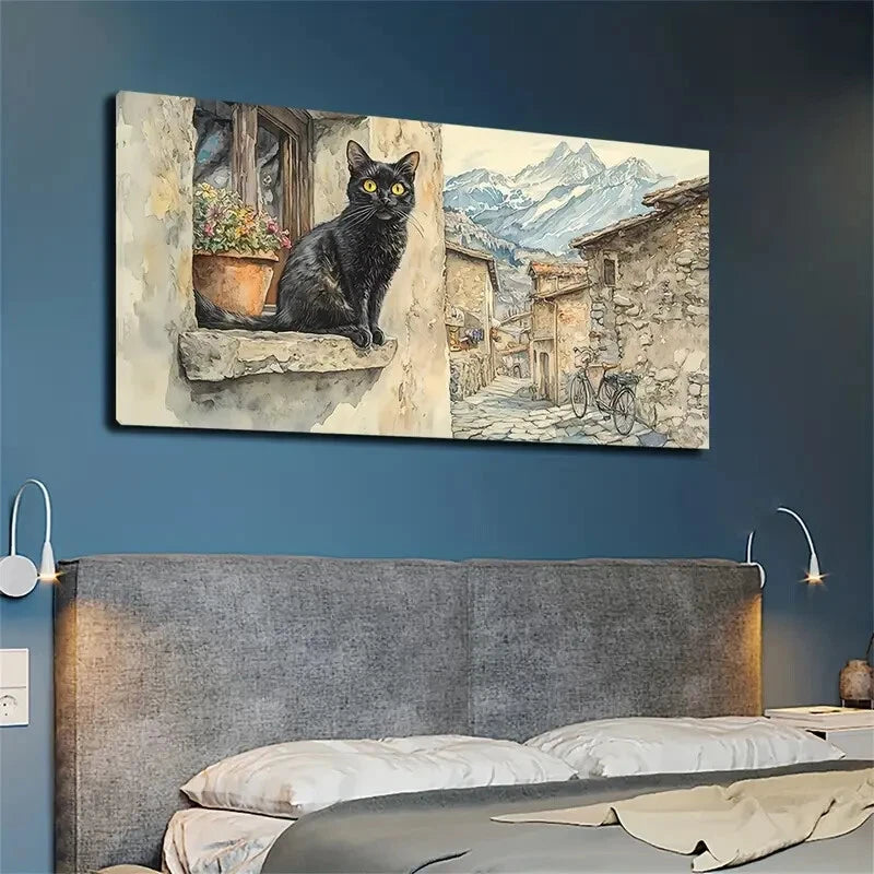 A Black Cat with Yellow Pupils Wall Art Canvas Office Home Room Framed 120x60cm - Bella Home Decor