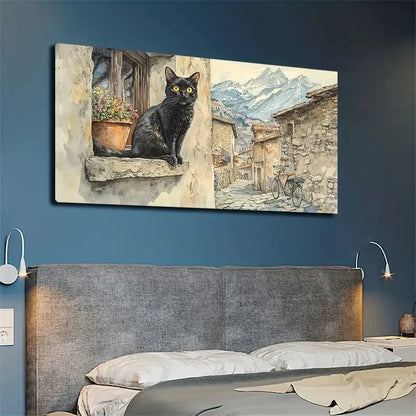 A Black Cat with Yellow Pupils Wall Art Canvas Office Home Room Framed 120x60cm - Bella Home Decor