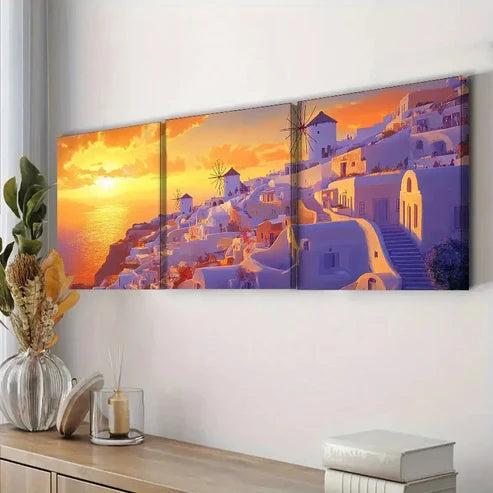 3pcs Beautiful Santorini Sunset View Perfect Wall Art Set Canvas Unframed - High Quality Print 100% Australian Made Wall Canvas - Bella Home Decor