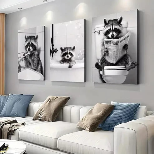 3pcs Abstract Raccoon in Funny Situations Wall Art Canvas Unframed - High Quality Print 100% Australian Made Wall Canvas - Bella Home Decor