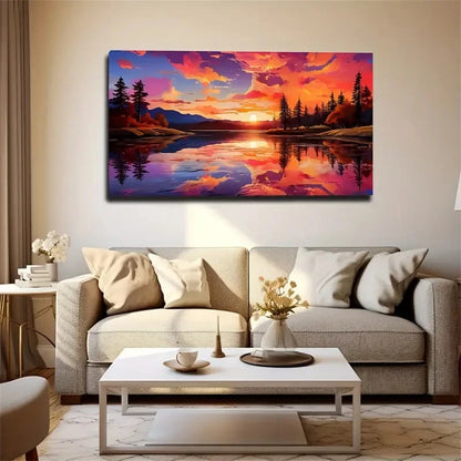 Vibrant Sunset Lake Reflection Wall Art Canvas Office Home Room Framed 120x60cm