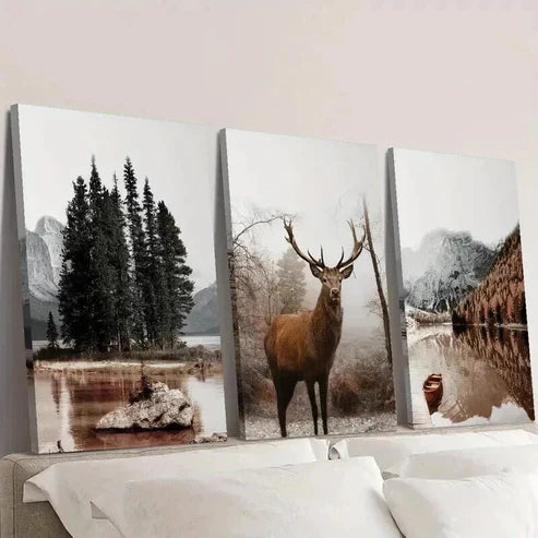 3pcs Mountain Calm Lake Boat And a Stag Wall Art Set Canvas Unframed - High Quality Print 100% Australian Made Wall Canvas