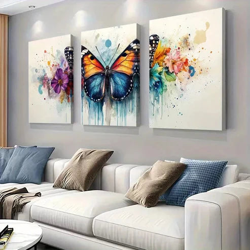 3pcs Vibrant Abstract Watercolor Butterfly Wall Art Set Canvas Unframed - High Quality Print 100% Australian Made Wall Canvas
