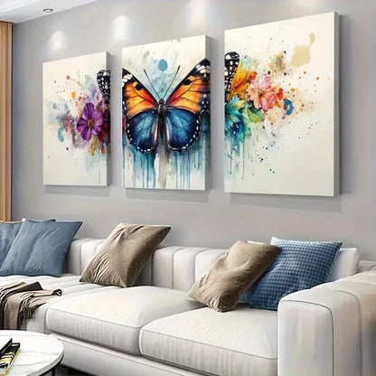 3pcs Vibrant Abstract Watercolor Butterfly Wall Art Set Canvas Unframed - High Quality Print 100% Australian Made Wall Canvas