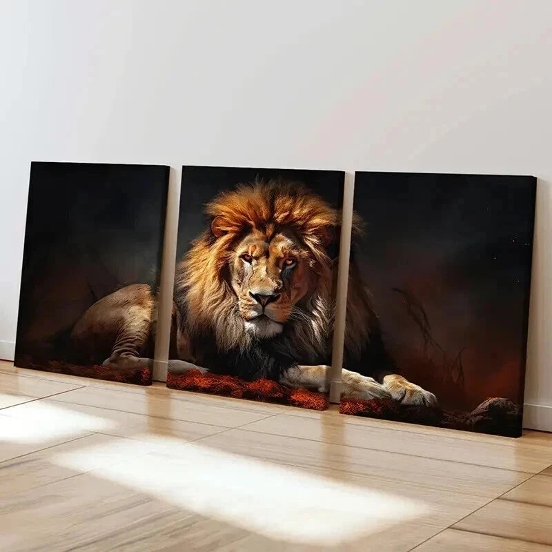 3pcs Lion Vintage Animal Aesthetic Painting Wall Art Set Canvas Framed 60x90cm - High Quality Print 100% Australian Made Wall Canvas Ready to Hang - Bella Home Decor
