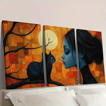 3pcs  Whimsical Ladies and Cats, Colorful  Wall Art Set Canvas Framed 60x90cm - High Quality Print 100% Australian Made Wall Canvas Ready to Hang - Bella Home Decor