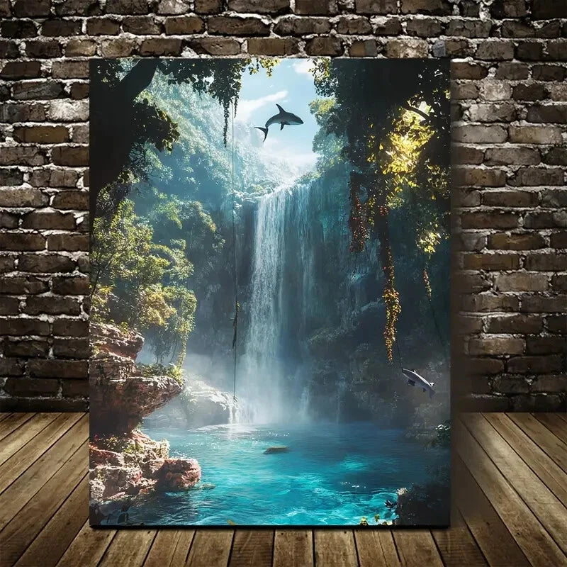 Shark Scene with Crystal Clear Waterfall & Lush 40x60cm Metal Print Ready to Hang - Bella Home Decor