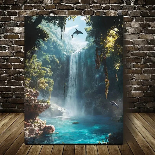 Shark Scene with Crystal Clear Waterfall & Lush 40x60cm Metal Print Ready to Hang - Bella Home Decor