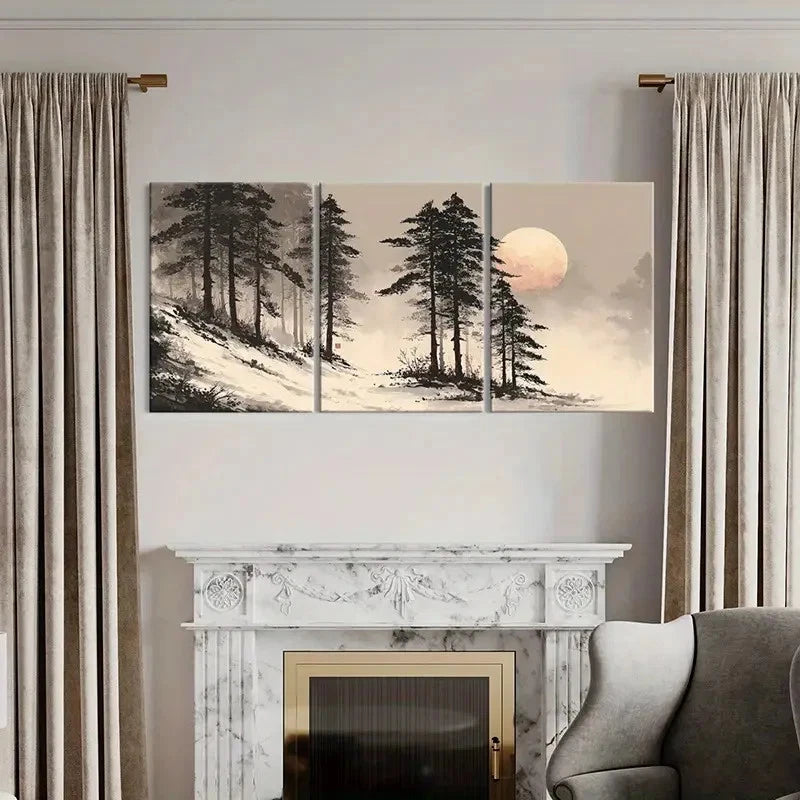 3pcs Moonlit Forest Scene Winter Landscape  Wall Art Set Canvas Framed 50x70cm - High Quality Print 100% Australian Made Wall Canvas Ready to Hang