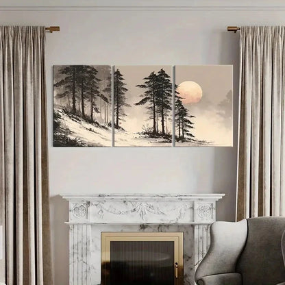 3pcs Moonlit Forest Scene Winter Landscape  Wall Art Set Canvas Framed 50x70cm - High Quality Print 100% Australian Made Wall Canvas Ready to Hang