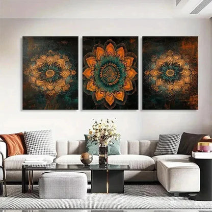 3pcs Mandala Flower Floral Mandala Teal Perfect Wall Art Set Canvas Unframed - High Quality Print 100% Australian Made Wall Canvas
