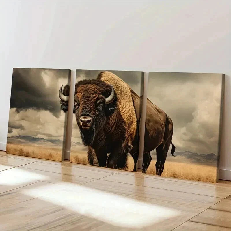 3pcs Majestic Wildlife Bison Prairie Wall Art Set Canvas Framed 60x90cm - High Quality Print 100% Australian Made Wall Canvas Ready to Hang - Bella Home Decor