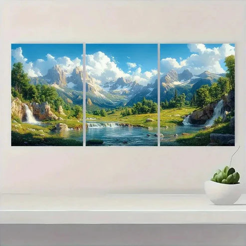 3pcs Serene Mountain River Scene, DF Wall Art Set Canvas Unframed - High Quality Print 100% Australian Made Wall Canvas - Bella Home Decor