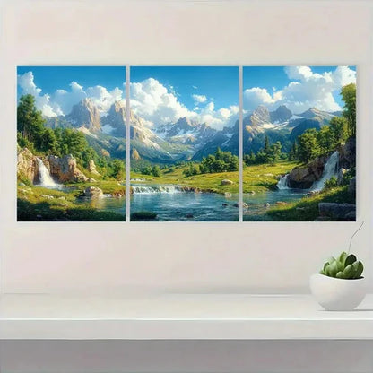 3pcs Serene Mountain River Scene, DF Wall Art Set Canvas Unframed - High Quality Print 100% Australian Made Wall Canvas - Bella Home Decor