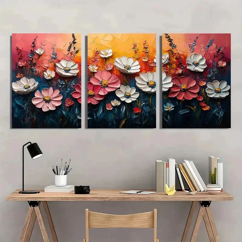 3pcs Pink Meadow & Wildflower Textured Perfect Wall Art Set Canvas Framed 50x70cm - High Quality Print 100% Australian Made Wall Canvas Ready to Hang - Bella Home Decor