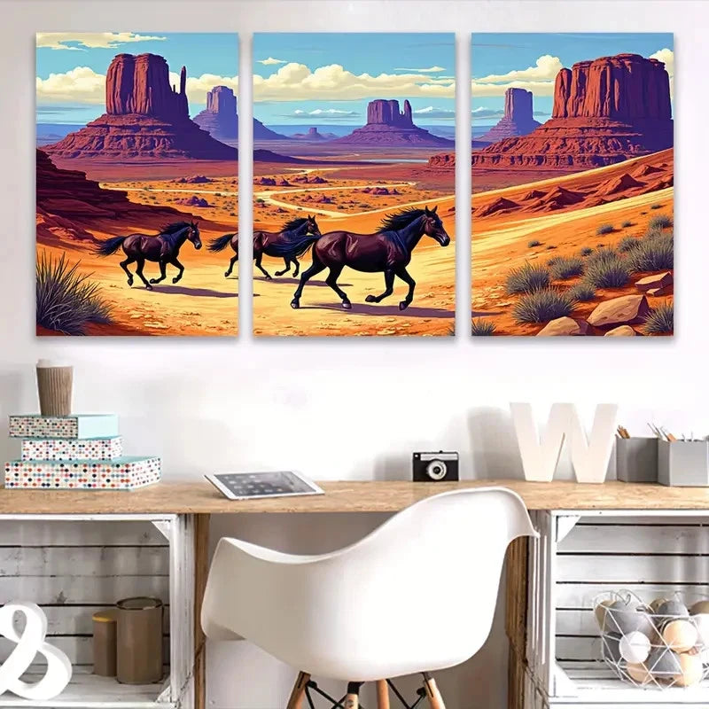 3pcs Desert Horses in Red Rock Landscape Wall Art Set Canvas Framed 40x60cm - High Quality Print 100% Australian Made Wall Canvas Ready to Hang - Bella Home Decor
