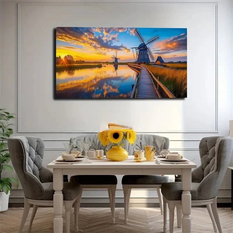 Windmills At Sunset Serene Wall Art Canvas Office Home Room Framed 120x60cm - Bella Home Decor