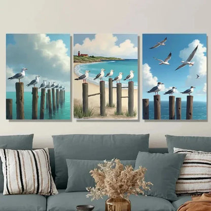 3pcs Modern Classic Beach Scene With Lighthouse Wall Art Set Canvas Unframed - High Quality Print 100% Australian Made Wall CanvasB