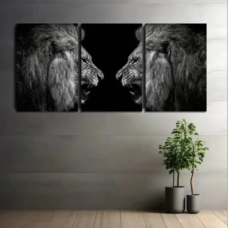 3pcs Angry Lions Dramatic Lighting Black Metal Print Ready to Hang Art - Bella Home Decor