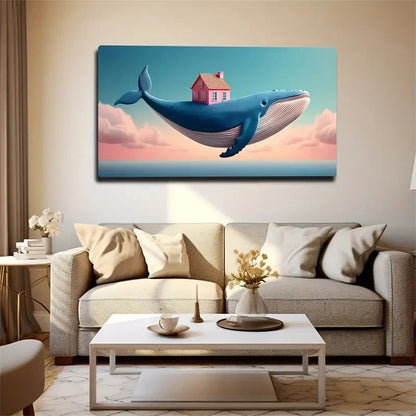 Blue Whale & Pink House Wall Art Canvas Office Home Room Framed 120x60cm