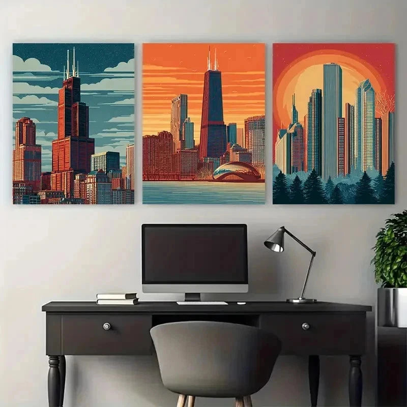 3pcs Chicago Illinois Posters Travel Po Perfect Wall Art Set Canvas Framed 50x70cm - High Quality Print 100% Australian Made Wall Canvas Ready to Hang - Bella Home Decor