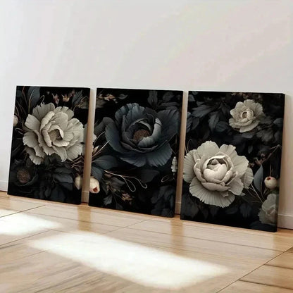 3pcs Vintage Gothic Black Floral Wall Art Set Canvas Framed 60x90cm - High Quality Print 100% Australian Made Wall Canvas Ready to Hang