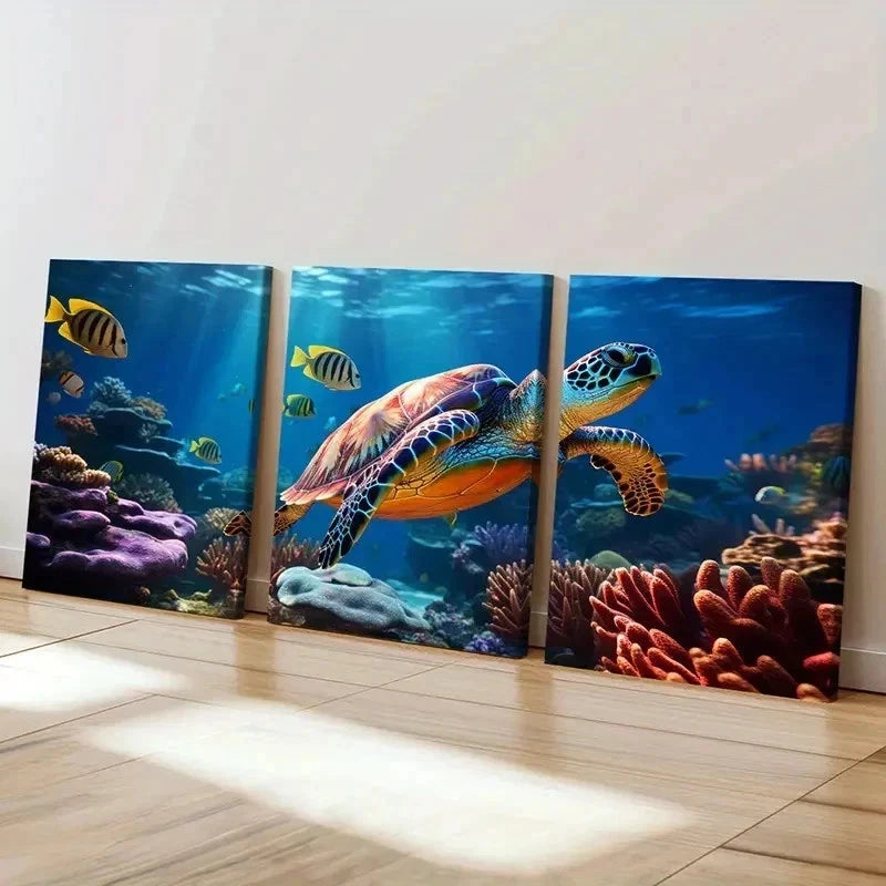3pcs Marine Life Art Sea Turtle Fish Wall Art Set Canvas Framed 60x90cm - High Quality Print 100% Australian Made Wall Canvas Ready to Hang