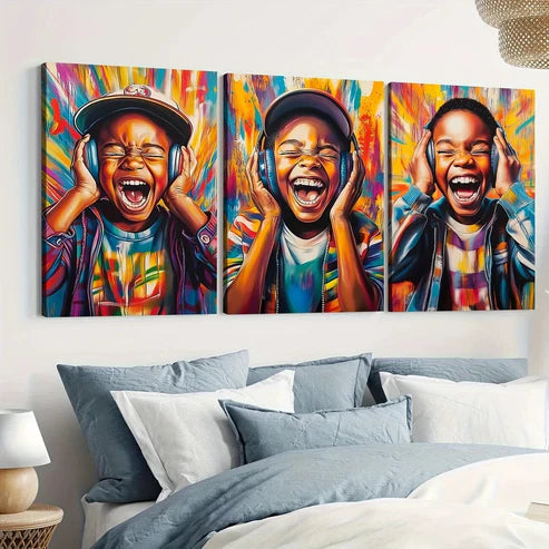 3pcs Elegant African American Boy Colorful Art Set Canvas Unframed - High Quality Print 100% Australian Made Wall Canvas