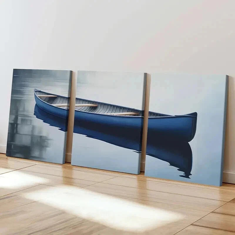 3pcs Serene Blue Canoe Reflections Wall Art Set Canvas Framed 50x70cm - High Quality Print 100% Australian Made Wall Canvas Ready to Hang - Bella Home Decor