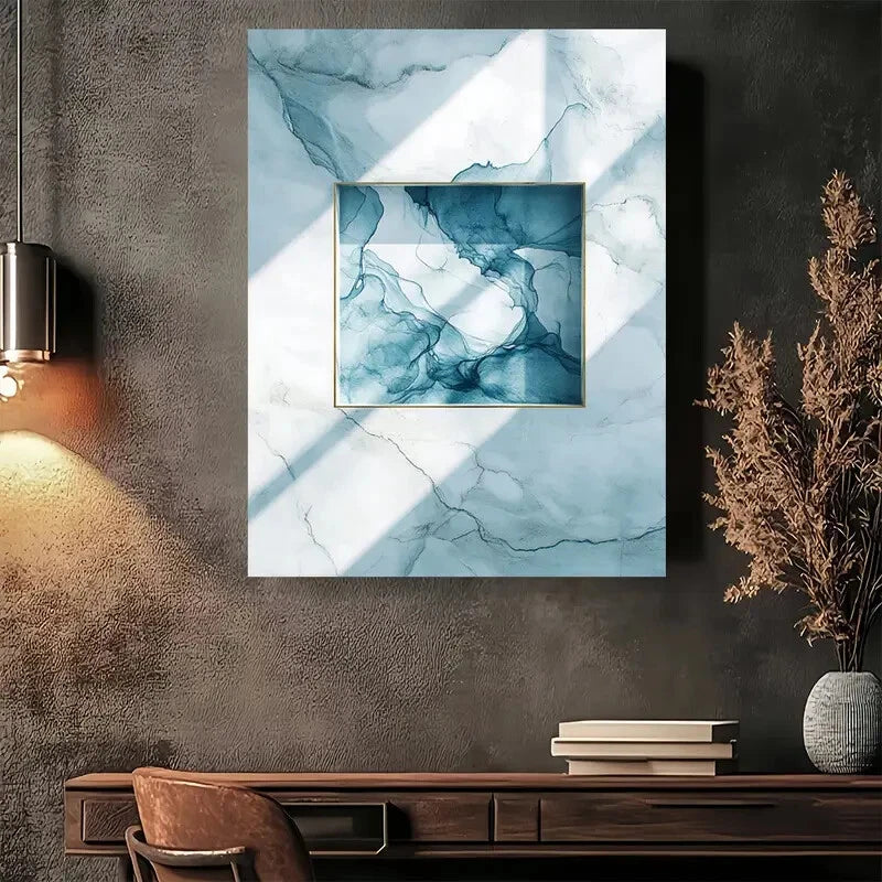 Beautiful Elegant Marble Blue Abstract Modern Painting 40x60cm Metal Print Ready to Hang - Bella Home Decor