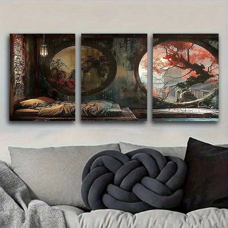3pcs Traditional Chinese Bedroom Wall Art Set Canvas Framed 40x60cm - High Quality Print 100% Australian Made Wall Canvas Ready to Hang - Bella Home Decor