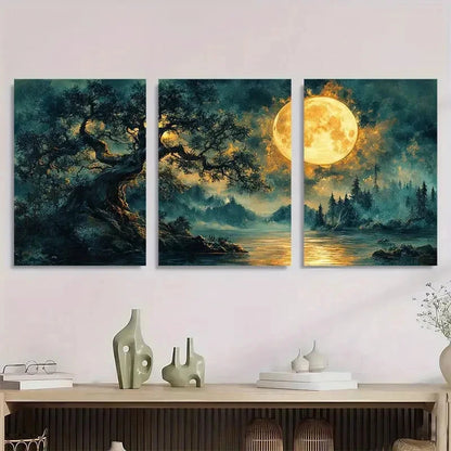 3pcs Enchanting Night Scene with Full Moon Metal Print Ready to Hang Art - Bella Home Decor