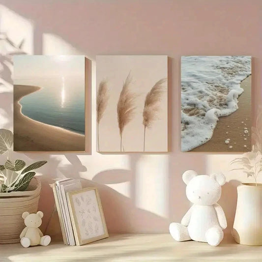 3pcs Beach, Pampas Grass, Waves Wall Art Set Canvas Framed 50x70cm - High Quality Print 100% Australian Made Wall Canvas Ready to Hang