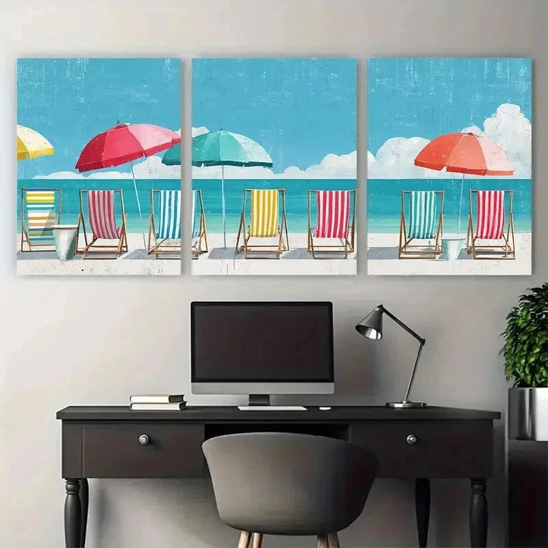3pcs Henry Rivers Beach Deckchair Sea Perfect  Wall Art Set Canvas Framed 60x90cm - High Quality Print 100% Australian Made Wall Canvas Ready to Hang