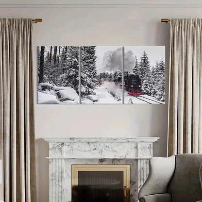 3pcs Forest Railway Snow Scene Steam Train Wall Art Set Canvas Framed 40x60cm - High Quality Print 100% Australian Made Wall Canvas Ready to Hang - Bella Home Decor