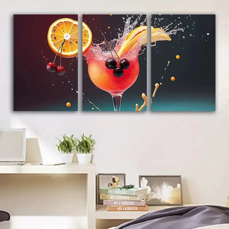 3pcs Orange Juice With Berries And Cherry Fruit Wall Art Set Canvas Framed 50x70cm - High Quality Print 100% Australian Made Wall Canvas Ready to Hang