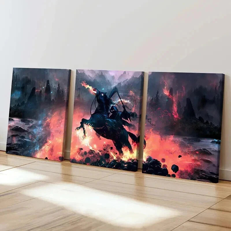 3pcs Grim Reaper on Black Horses Vintage Wall Art Set Canvas Framed 40x60cm - High Quality Print 100% Australian Made Wall Canvas Ready to Hang - Bella Home Decor