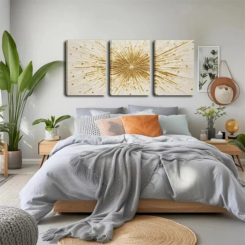 3pcs Golden Lines Radiating Outwards Perfect Wall Art Set Canvas Framed 60x90cm - High Quality Print 100% Australian Made Wall Canvas Ready to Hang - Bella Home Decor
