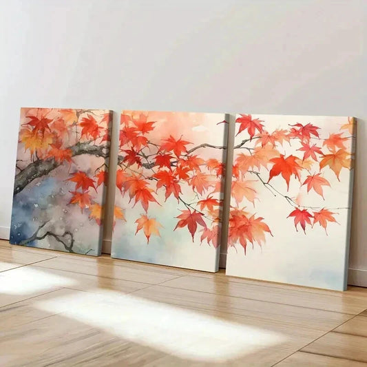 3pcs Leaves Fall Autumn Vintage Watercolor Wall Art Set Canvas Framed 50x70cm - High Quality Print 100% Australian Made Wall Canvas Ready to Hang