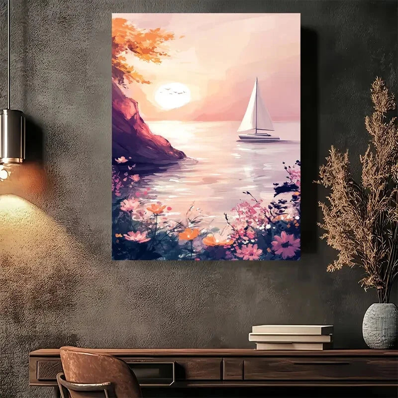 Beautiful Serene Sunset Sailboat Coastal Painting 40x60cm Metal Print Ready to Hang - Bella Home Decor