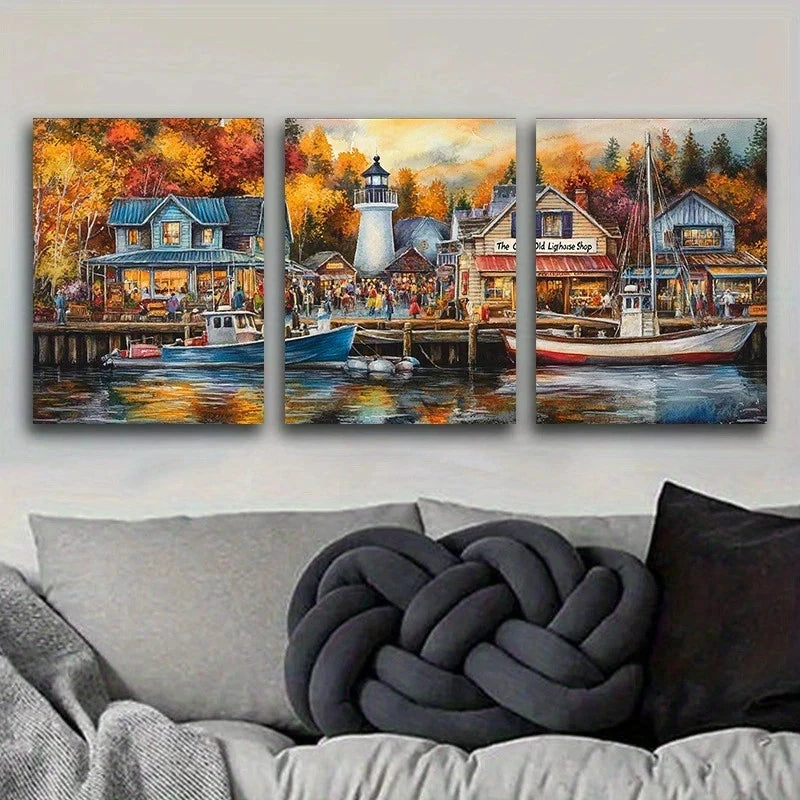 3pcs A Colorful Fishing Village Metal Print Ready to Hang Art - Bella Home Decor