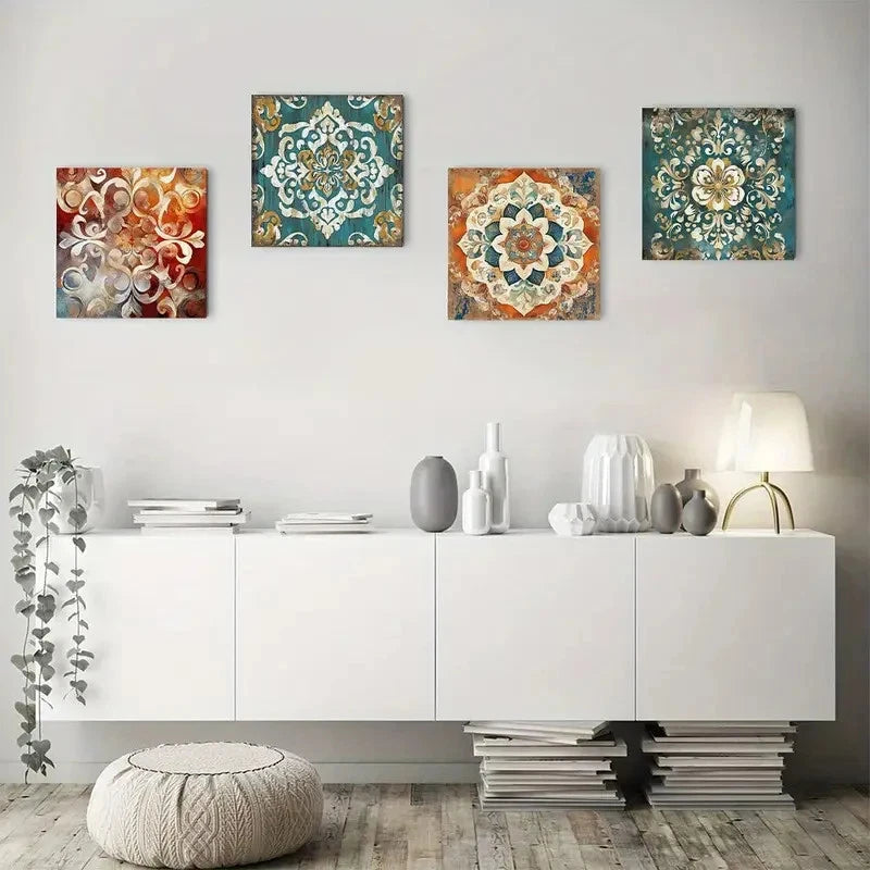 4pcs Vintage Flowers Pattern  Wall Art Canvas Framed