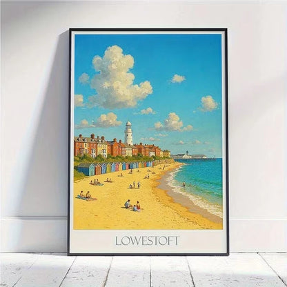 Lowestoft Vintage Coastal Lighthouse & Beach Scene Travel Poster Print Wall Art